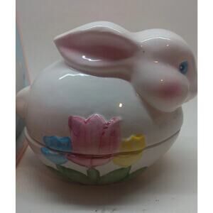 Vintage Ceramic Bunny Rabbit Shaped Easter Egg Covered Candy Dish Trinket Box
